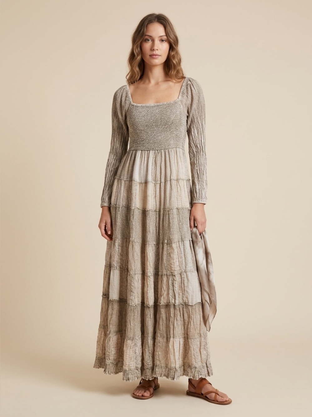 Bohemian Tiered Long Sleeve Maxi Dress - Latte